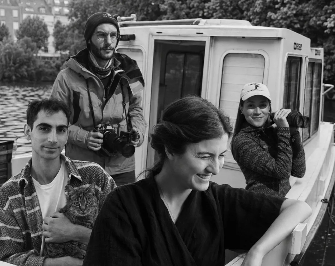 The L'Hydronaute crew aboard the solar-electric barge on the Erdre river in Nantes
